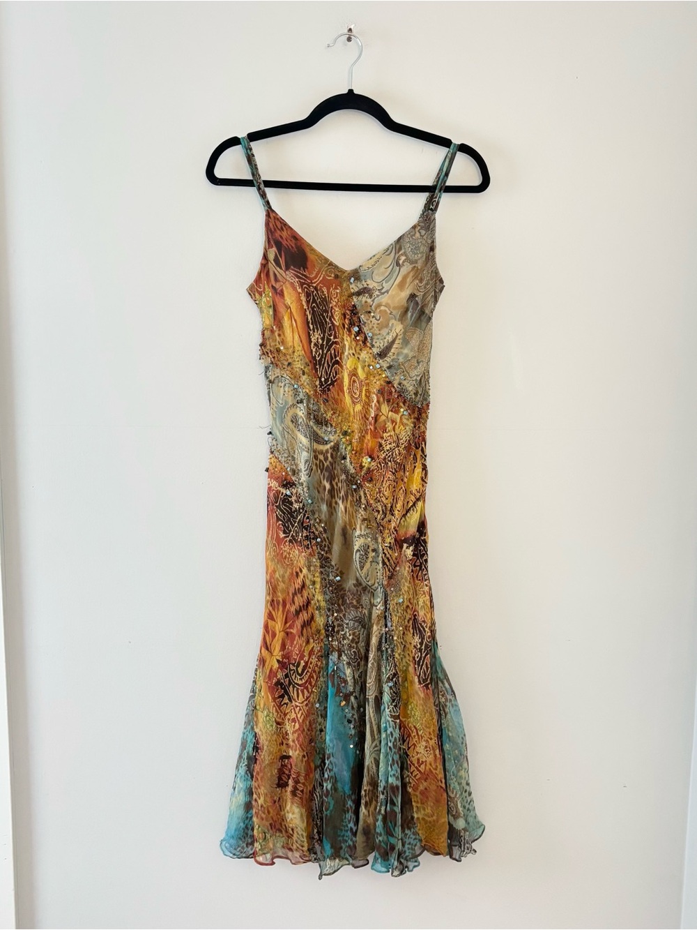 Mesmerize Vintage Y2K Silk Embellished Dress Lined Printed Pattern Beaded